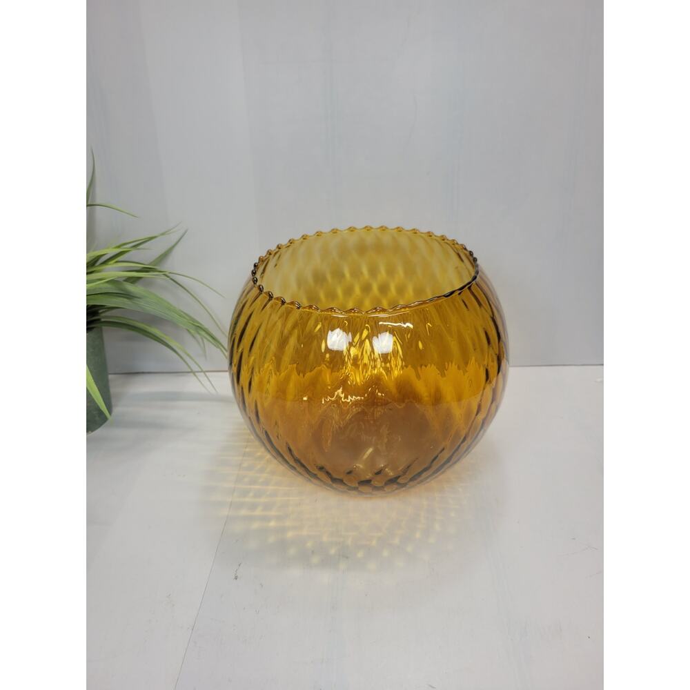 Vintage Empoli Italian Amber Bowl Art Glass Vase Diamond Optic